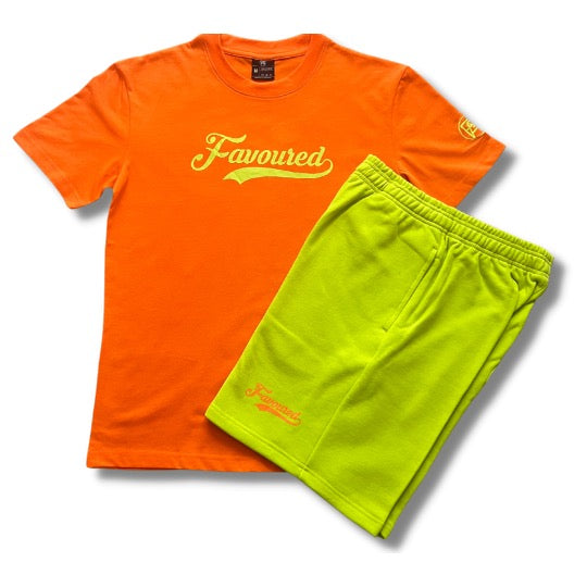 FAVOURED Shorts Set - Orange/Neon Yellow Green